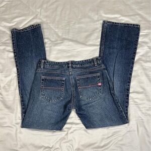 Vintage y2k Fox Racing low rise flared denim jeans with pink stitching